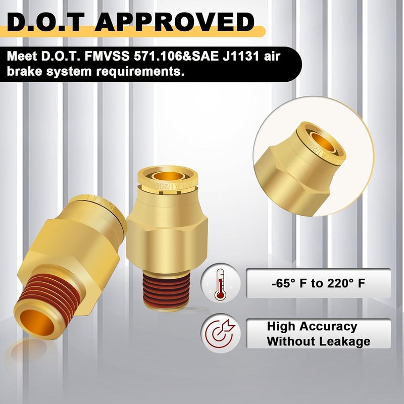 Siptenk 1/2" DOT Brass Push to Connect Air Line Fittings 5 PCS, 1/2" OD Tube x 1/4" NPT Thread Air Brake Line Quick Connect Fittings for Truck Trailers Industry Air System - Image 4